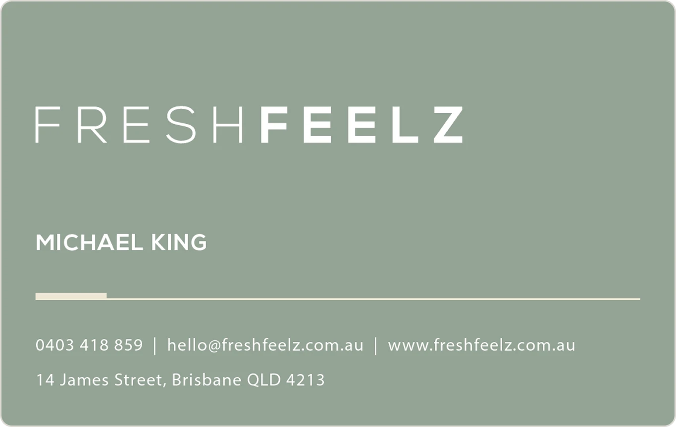 FreshFeelz business card back — sage green