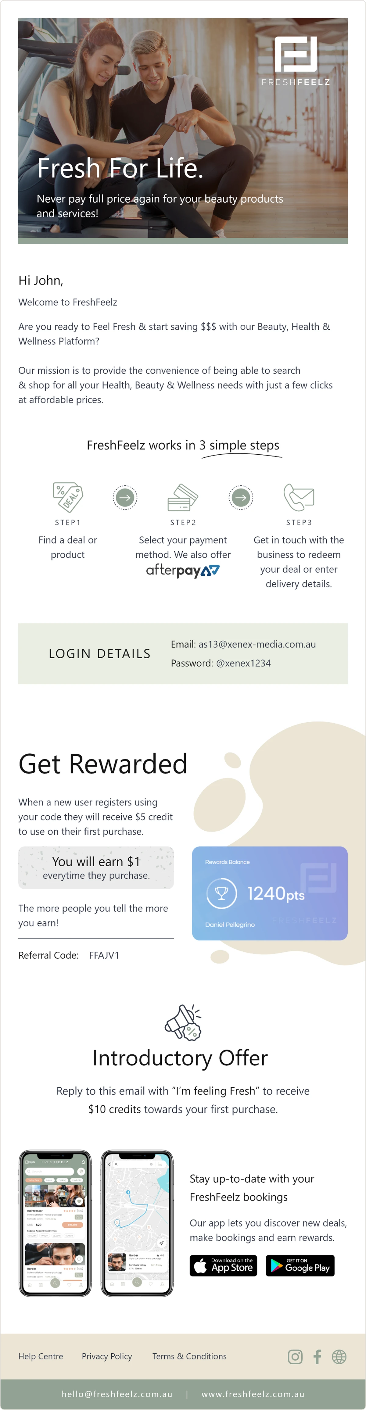 FreshFeelz email newsletter — Customer welcome, rewards & offers