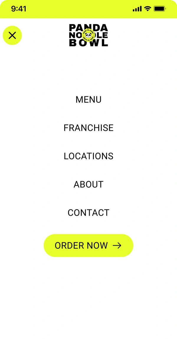 Panda Noodle Bowl mobile menu open