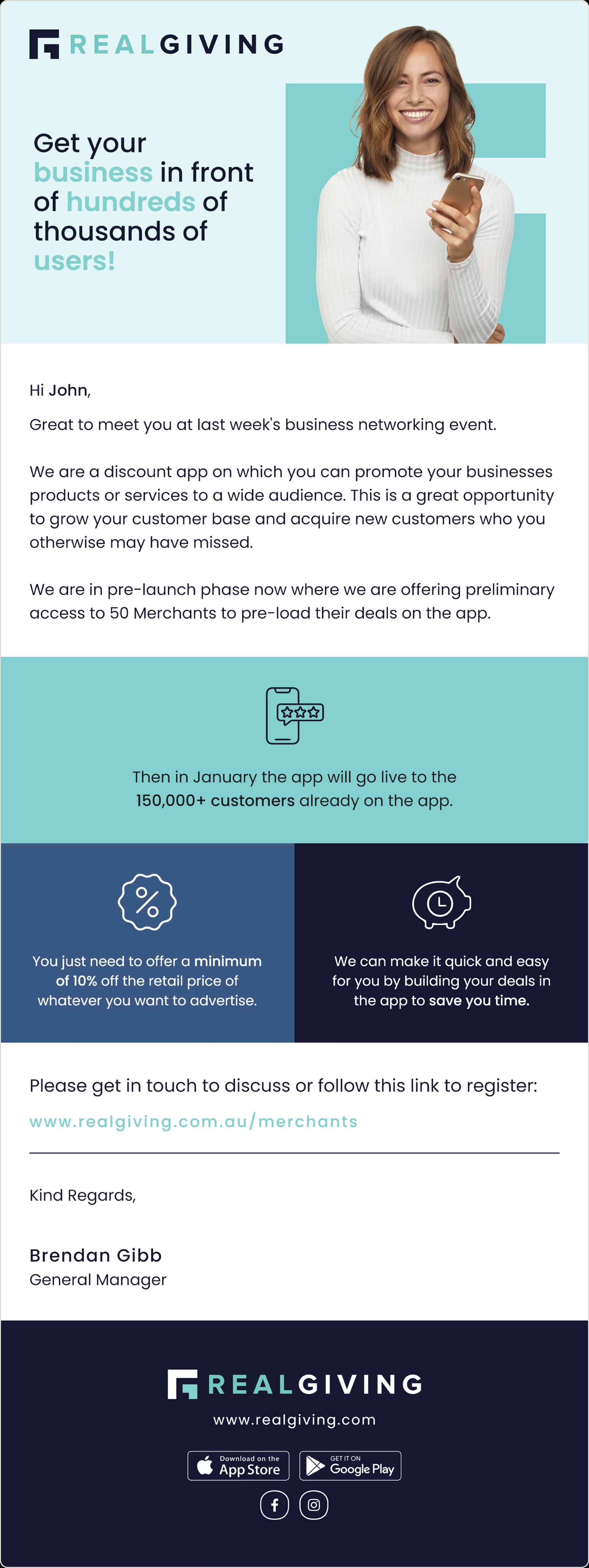 Real Giving merchant outreach email design