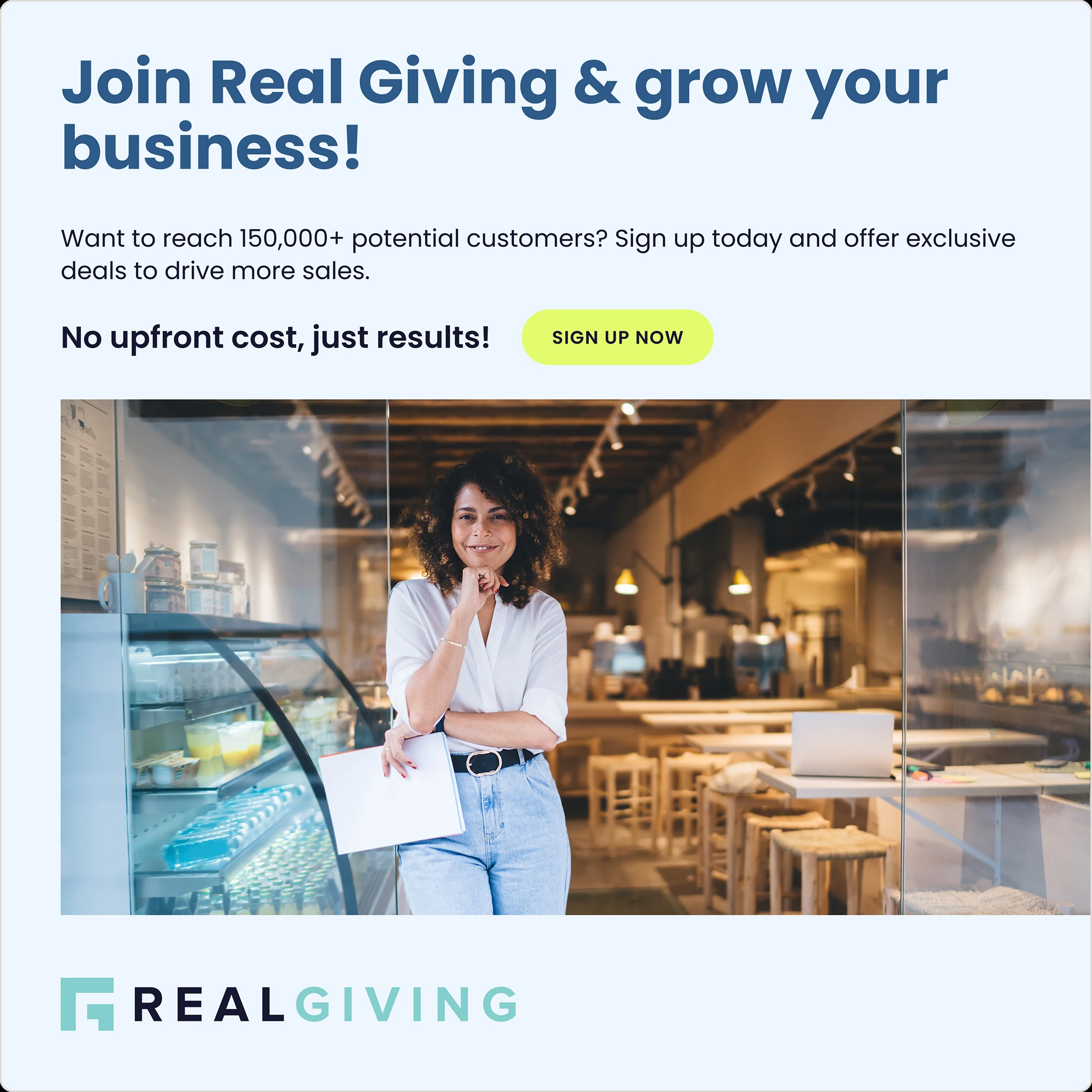 Real Giving social media post — join and grow your business